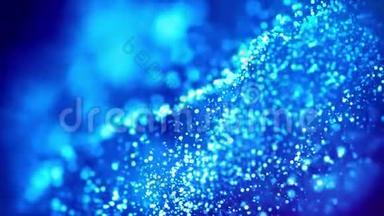 神奇的蓝色发光粒子流动在粘稠的液<strong>体</strong>和明亮的光泽。 <strong>科幻</strong>小说。 4k<strong>三</strong>维<strong>科幻</strong>背景
